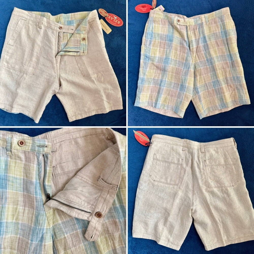 NWT Tommy Bahama Reversible Men’s Plaid Linen Shorts Sz. 38
